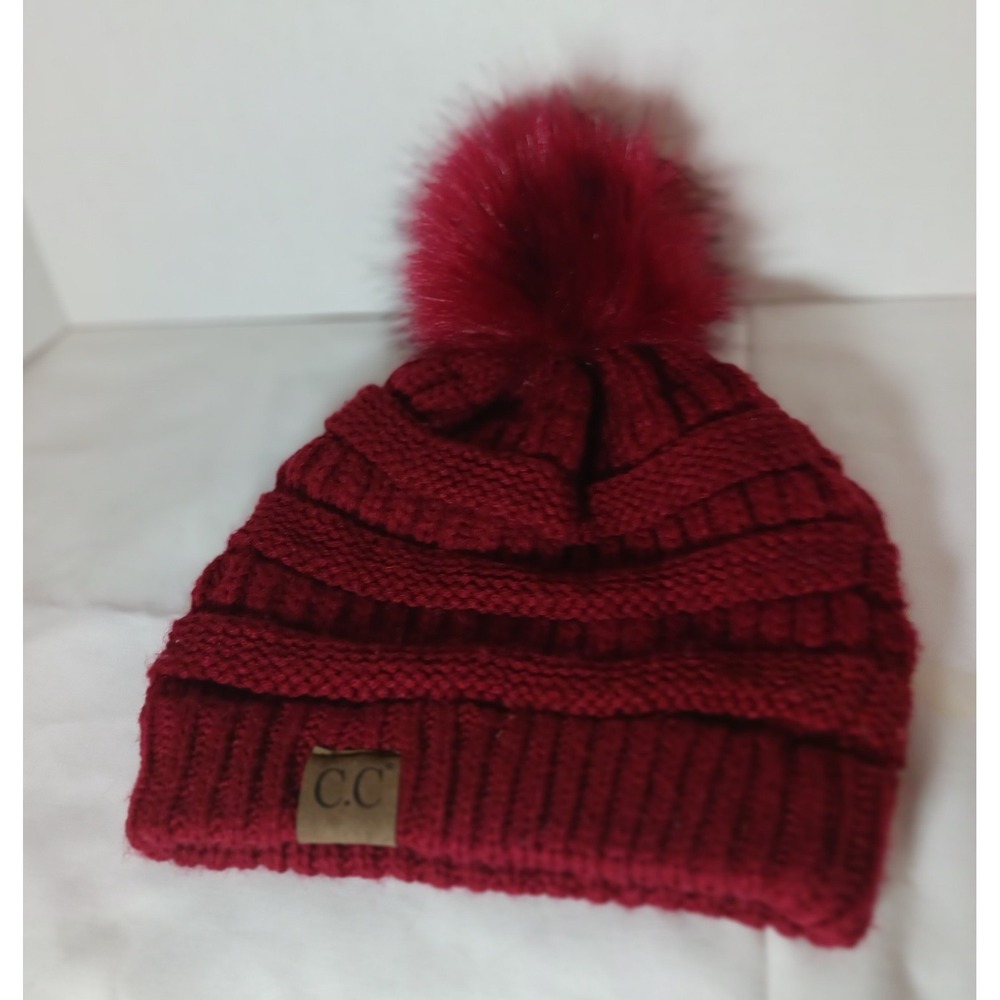 C.C Red Knit Pom-Pom Beanie Hat, Unisex Adults, One Size